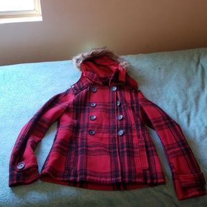 Red & Black Plaid peacoat